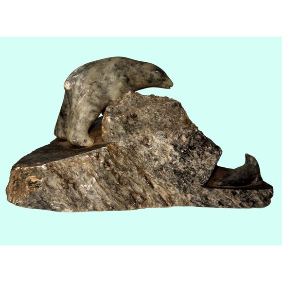 Ben Saclamana Original art sculpture Inuit Soapstone large Bear Seal Carving aut - Picture 1 of 16